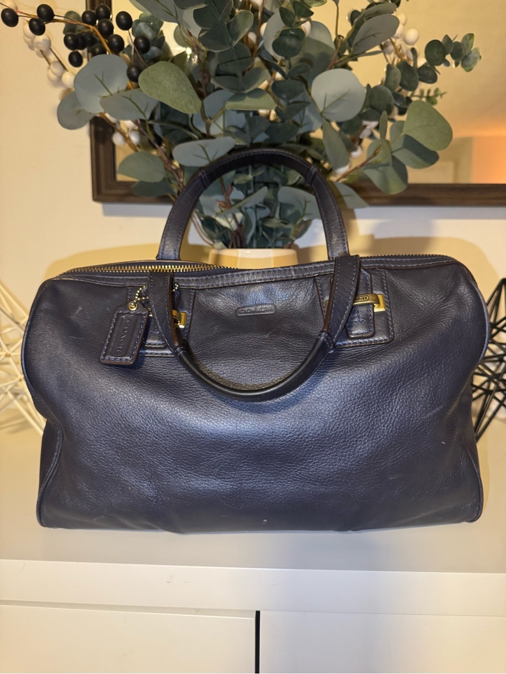 Coach Navy Leather Satchel with Gold Hardware